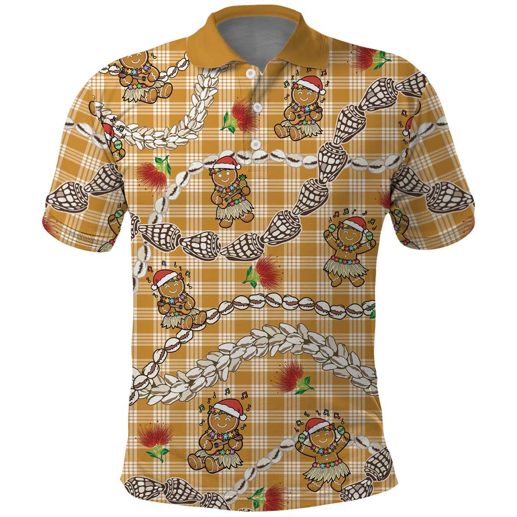 Gold Palaka Hawaii Mele Kalikimaka Polo Shirt Ohia Lehua Shell Leis Funny Gingerbread Santa LT14 Gold - Polynesian Pride