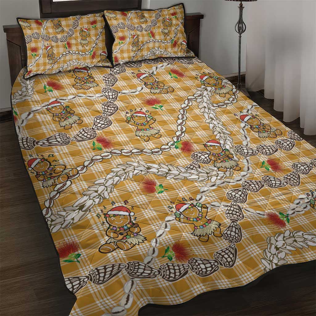 Gold Palaka Hawaii Mele Kalikimaka Quilt Bed Set Ohia Lehua Shell Leis Funny Gingerbread Santa - Polynesian Pride