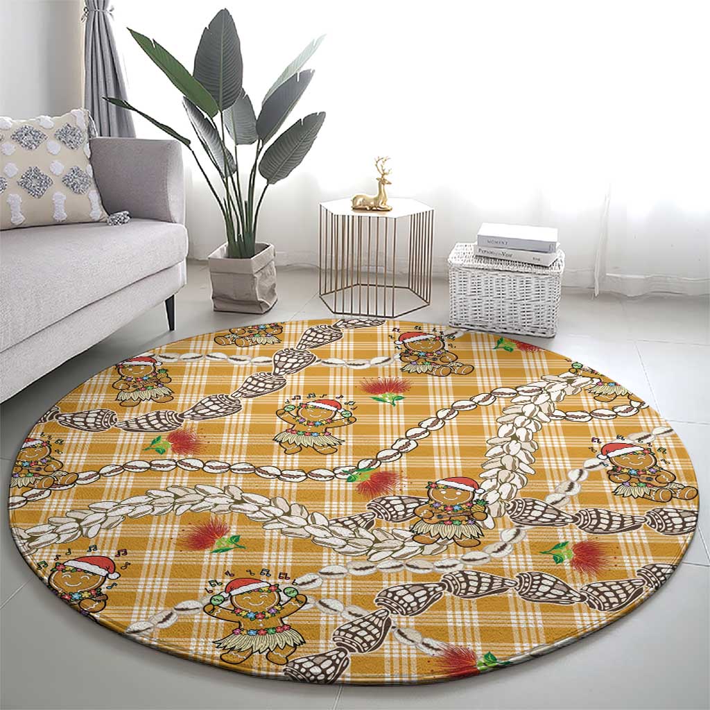 Gold Palaka Hawaii Mele Kalikimaka Round Carpet Ohia Lehua Shell Leis Funny Gingerbread Santa - Polynesian Pride