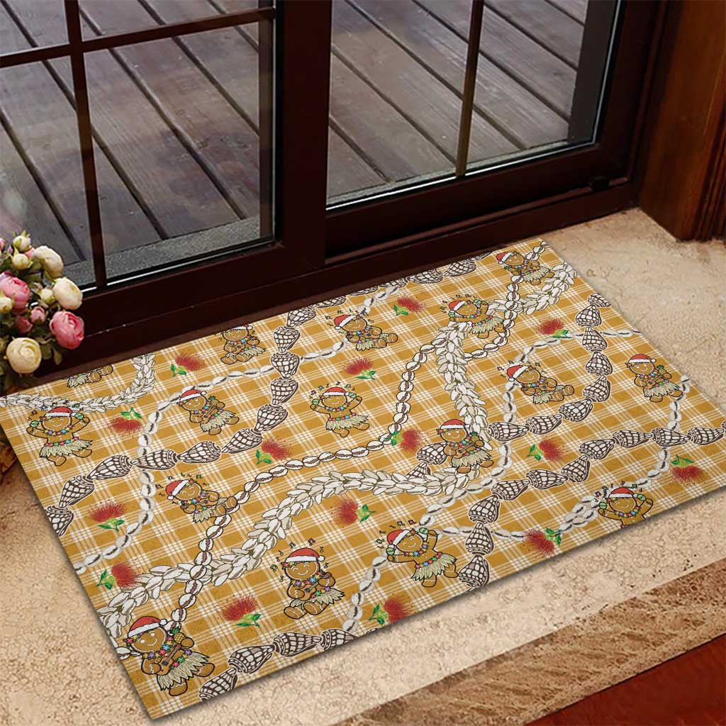 Gold Palaka Hawaii Mele Kalikimaka Rubber Doormat Ohia Lehua Shell Leis Funny Gingerbread Santa - Polynesian Pride