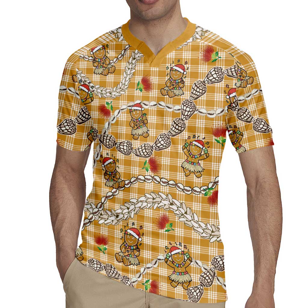 Gold Palaka Hawaii Mele Kalikimaka Rugby Jersey Ohia Lehua Shell Leis Funny Gingerbread Santa - Polynesian Pride