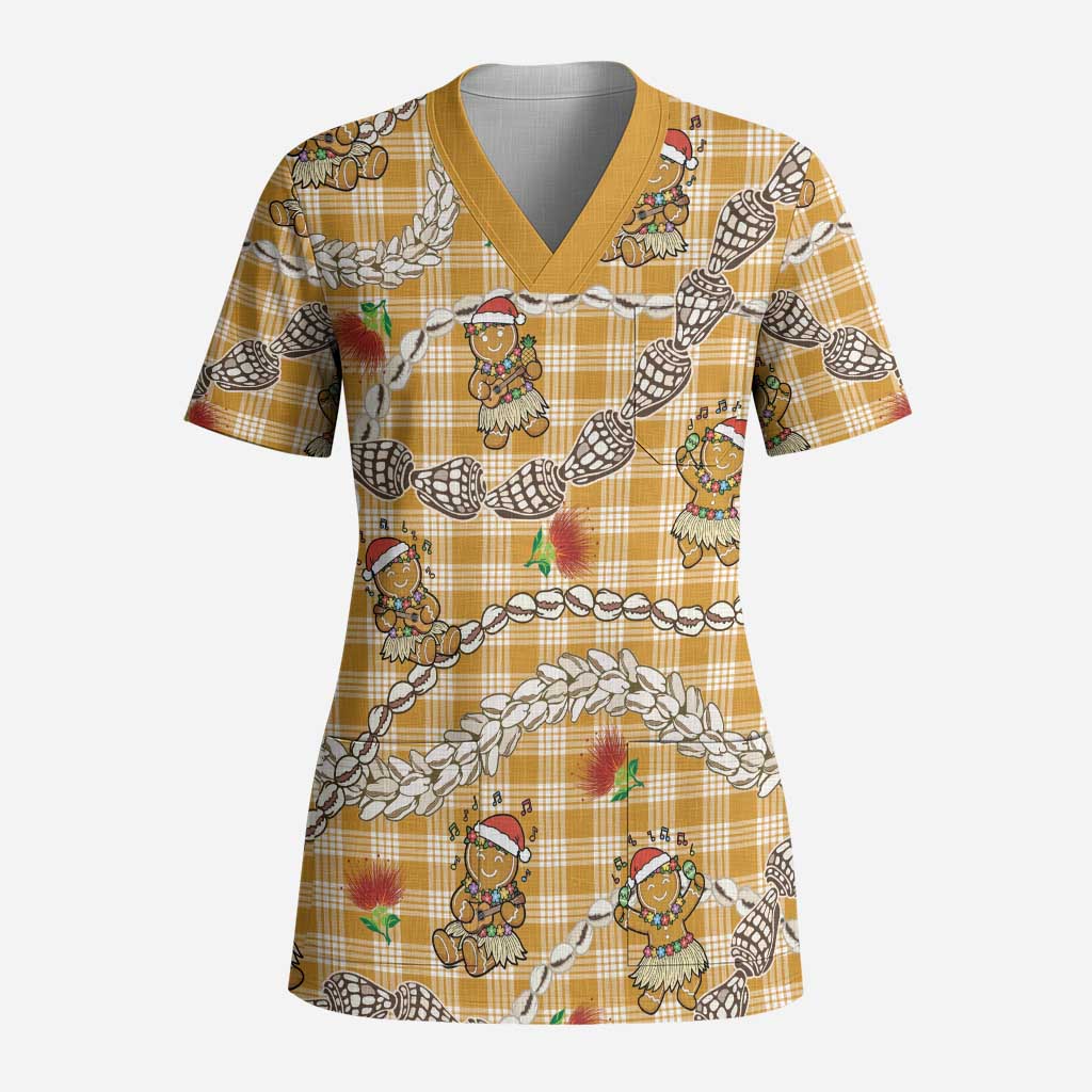 Gold Palaka Hawaii Mele Kalikimaka Scrub Top Ohia Lehua Shell Leis Funny Gingerbread Santa - Polynesian Pride