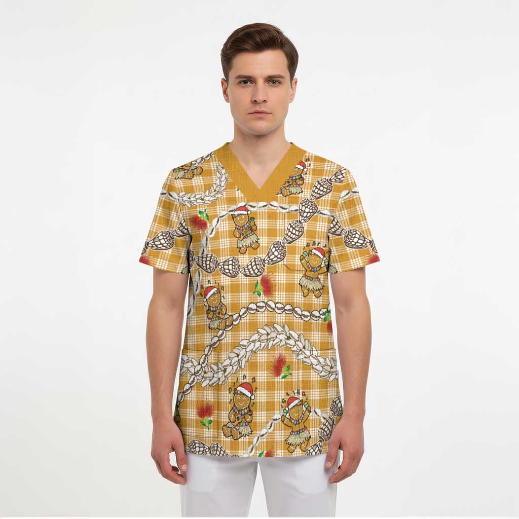 Gold Palaka Hawaii Mele Kalikimaka Scrub Top Ohia Lehua Shell Leis Funny Gingerbread Santa - Polynesian Pride