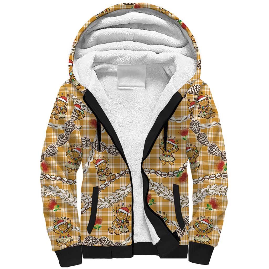 Gold Palaka Hawaii Mele Kalikimaka Sherpa Hoodie Ohia Lehua Shell Leis Funny Gingerbread Santa LT14 Unisex Gold - Polynesian Pride