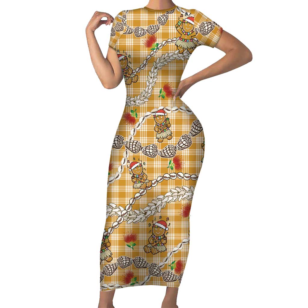 Gold Palaka Hawaii Mele Kalikimaka Short Sleeve Bodycon Dress Ohia Lehua Shell Leis Funny Gingerbread Santa LT14 Long Dress Gold - Polynesian Pride