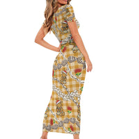 Gold Palaka Hawaii Mele Kalikimaka Short Sleeve Bodycon Dress Ohia Lehua Shell Leis Funny Gingerbread Santa LT14 - Polynesian Pride