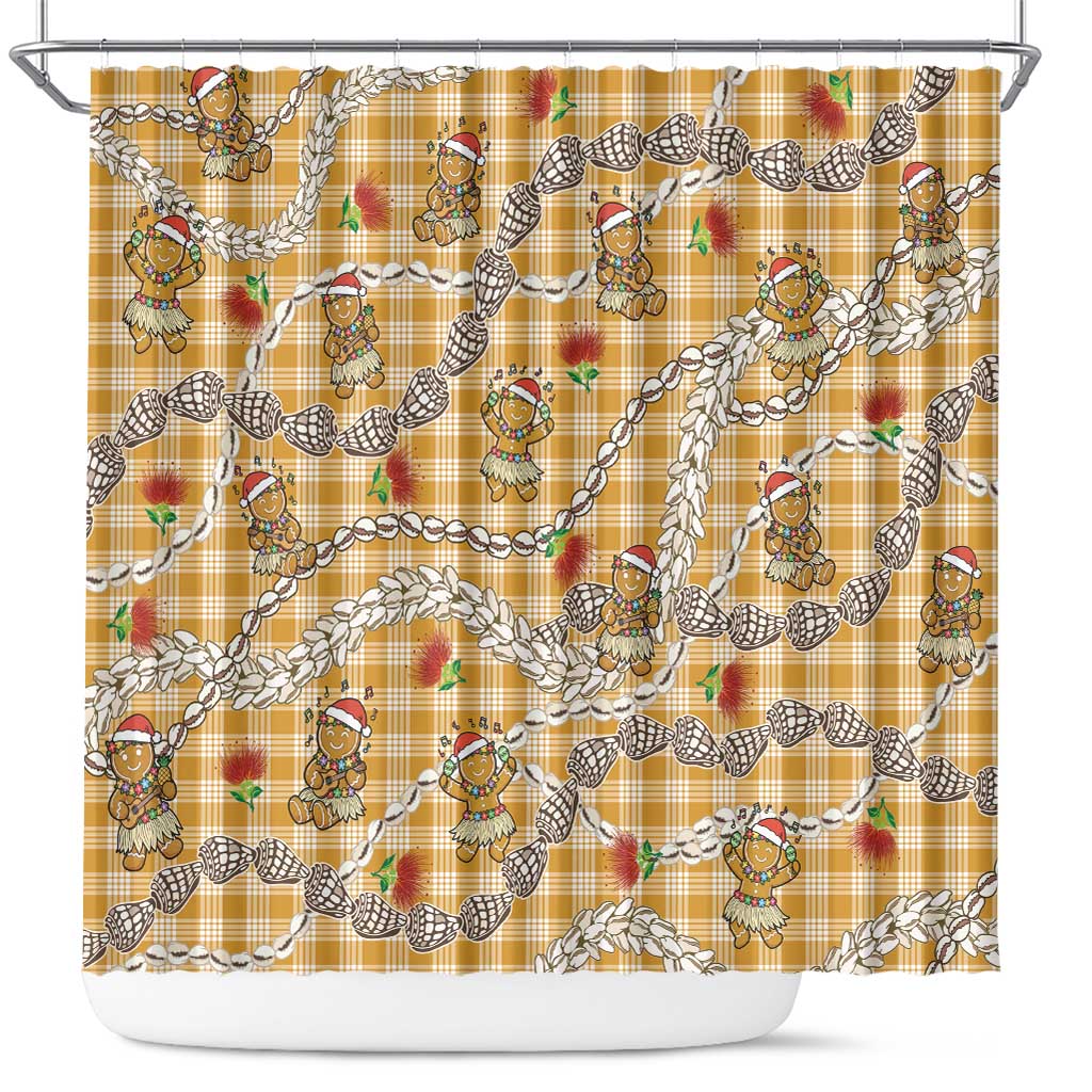 Gold Palaka Hawaii Mele Kalikimaka Shower Curtain Ohia Lehua Shell Leis Funny Gingerbread Santa LT14 Gold - Polynesian Pride