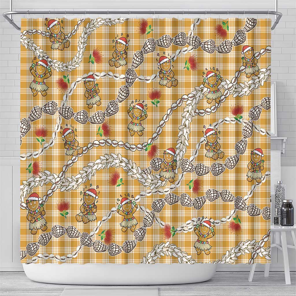 Gold Palaka Hawaii Mele Kalikimaka Shower Curtain Ohia Lehua Shell Leis Funny Gingerbread Santa LT14 - Polynesian Pride