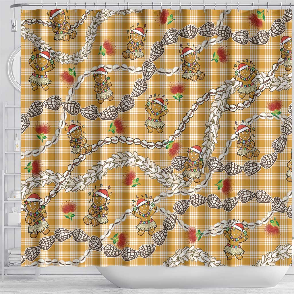 Gold Palaka Hawaii Mele Kalikimaka Shower Curtain Ohia Lehua Shell Leis Funny Gingerbread Santa LT14 - Polynesian Pride