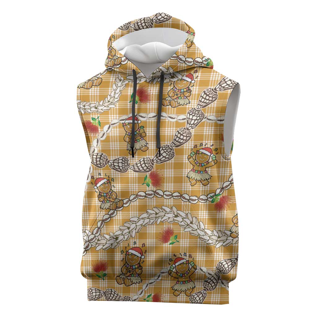 Gold Palaka Hawaii Mele Kalikimaka Sleeveless Hoodie Ohia Lehua Shell Leis Funny Gingerbread Santa LT14 Gold - Polynesian Pride