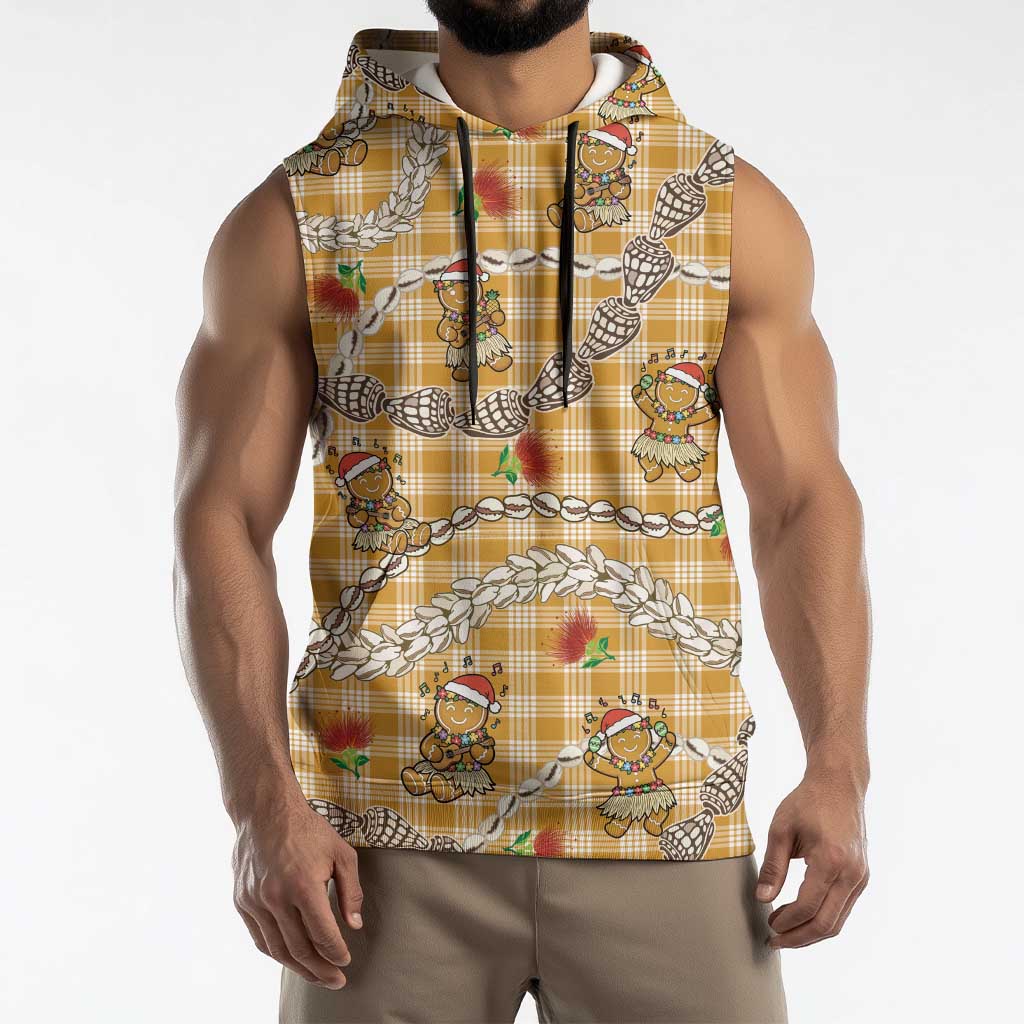 Gold Palaka Hawaii Mele Kalikimaka Sleeveless Hoodie Ohia Lehua Shell Leis Funny Gingerbread Santa LT14 - Polynesian Pride