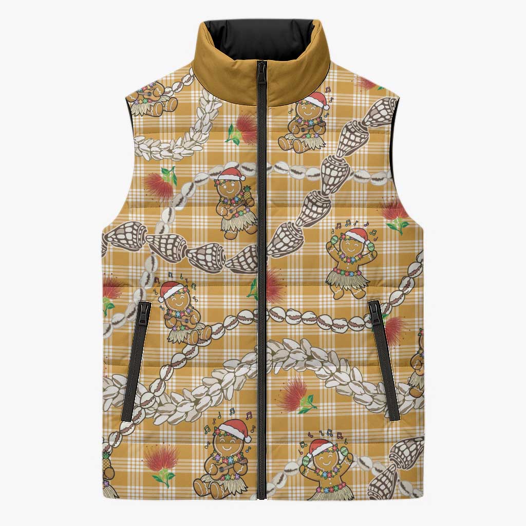 Gold Palaka Hawaii Mele Kalikimaka Sleeveless Puffer Jacket Ohia Lehua Shell Leis Funny Gingerbread Santa - Polynesian Pride