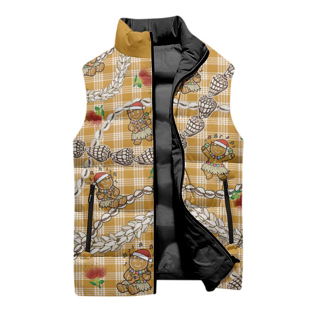 Gold Palaka Hawaii Mele Kalikimaka Sleeveless Puffer Jacket Ohia Lehua Shell Leis Funny Gingerbread Santa - Polynesian Pride