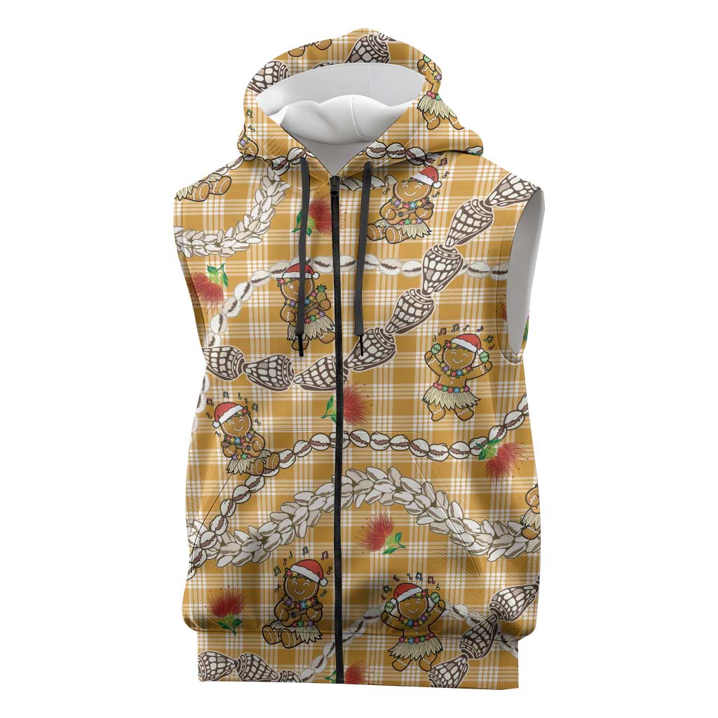 Gold Palaka Hawaii Mele Kalikimaka Sleeveless Zip Hoodie Ohia Lehua Shell Leis Funny Gingerbread Santa LT14 Gold - Polynesian Pride