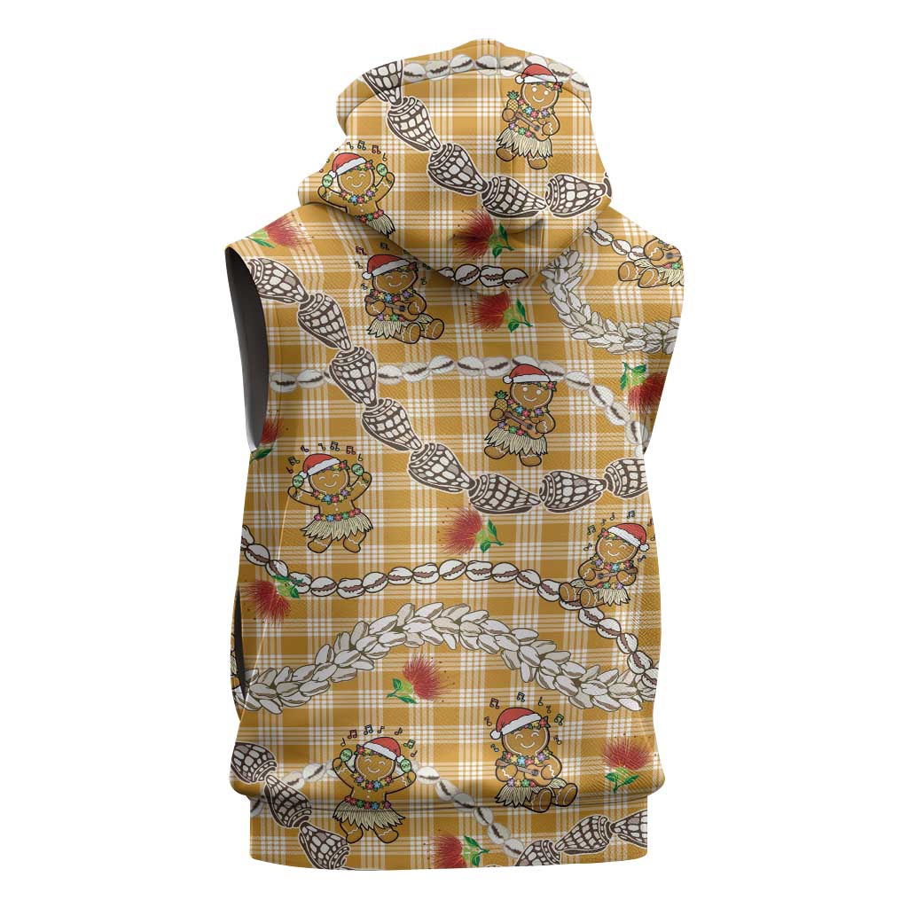 Gold Palaka Hawaii Mele Kalikimaka Sleeveless Zip Hoodie Ohia Lehua Shell Leis Funny Gingerbread Santa LT14 - Polynesian Pride