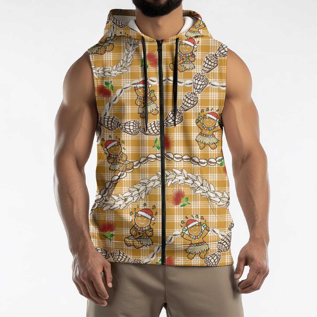 Gold Palaka Hawaii Mele Kalikimaka Sleeveless Zip Hoodie Ohia Lehua Shell Leis Funny Gingerbread Santa LT14 - Polynesian Pride