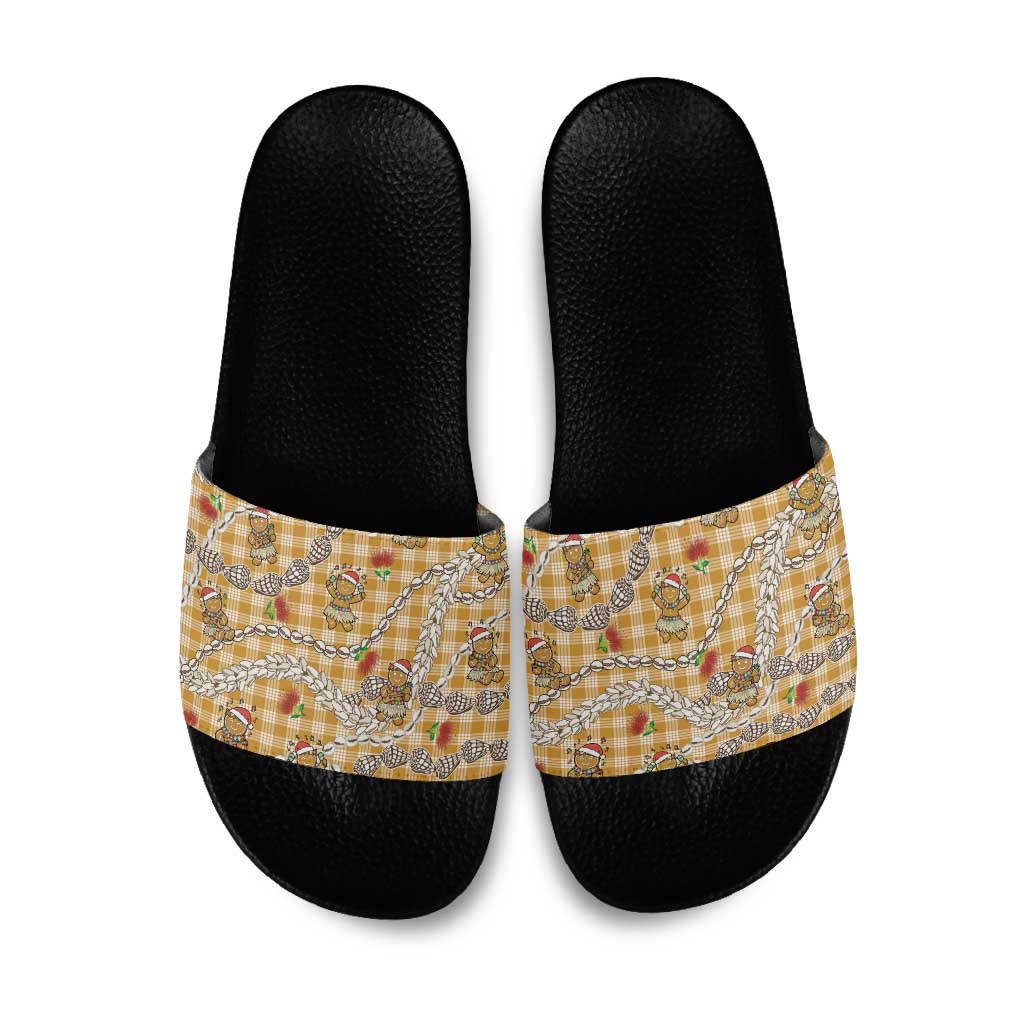 Gold Palaka Hawaii Mele Kalikimaka Slide Sandals Ohia Lehua Shell Leis Funny Gingerbread Santa - Polynesian Pride