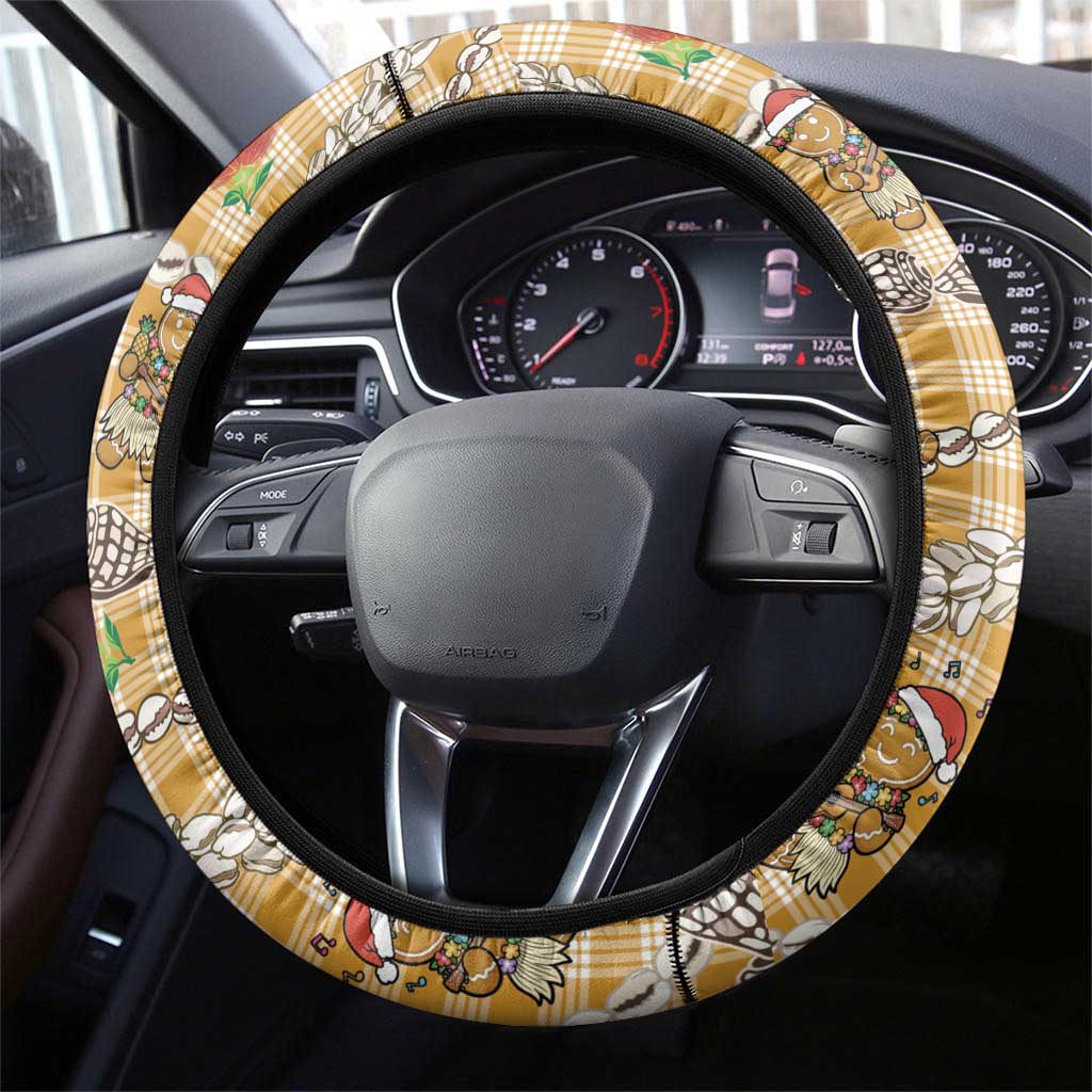Gold Palaka Hawaii Mele Kalikimaka Steering Wheel Cover Ohia Lehua Shell Leis Funny Gingerbread Santa LT14 - Polynesian Pride