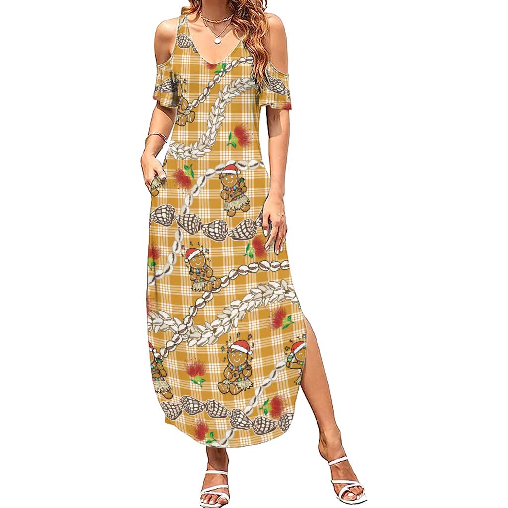 Gold Palaka Hawaii Mele Kalikimaka Summer Maxi Dress Ohia Lehua Shell Leis Funny Gingerbread Santa - Polynesian Pride