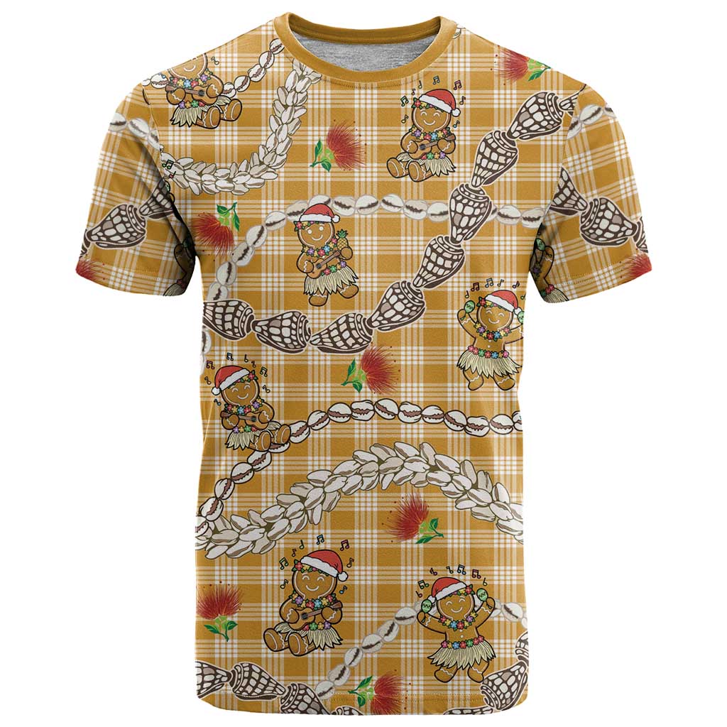 Gold Palaka Hawaii Mele Kalikimaka T Shirt Ohia Lehua Shell Leis Funny Gingerbread Santa LT14 Gold - Polynesian Pride