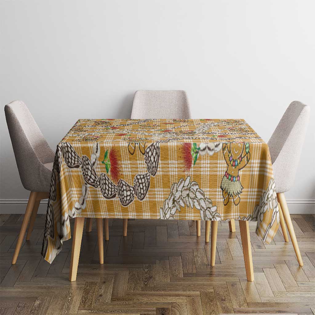 Gold Palaka Hawaii Mele Kalikimaka Tablecloth Ohia Lehua Shell Leis Funny Gingerbread Santa - Polynesian Pride