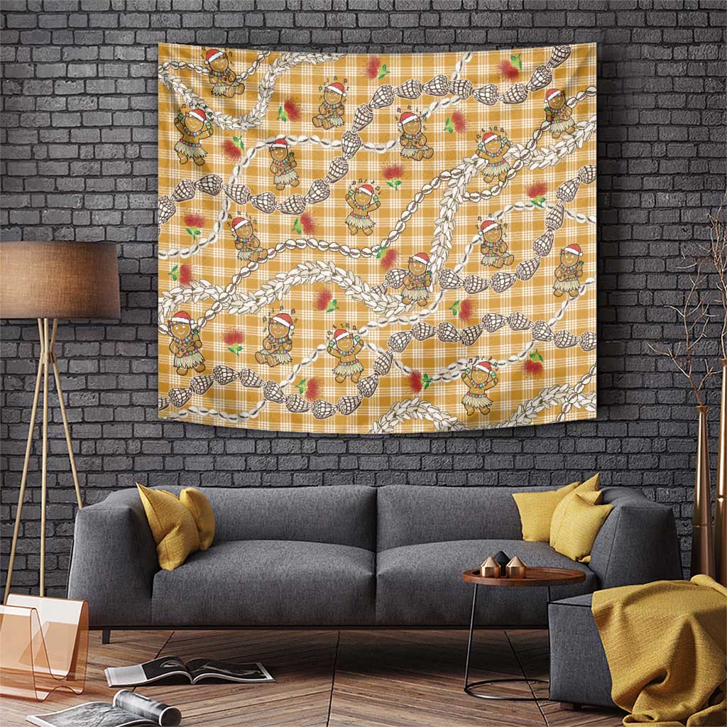 Gold Palaka Hawaii Mele Kalikimaka Tapestry Ohia Lehua Shell Leis Funny Gingerbread Santa - Polynesian Pride