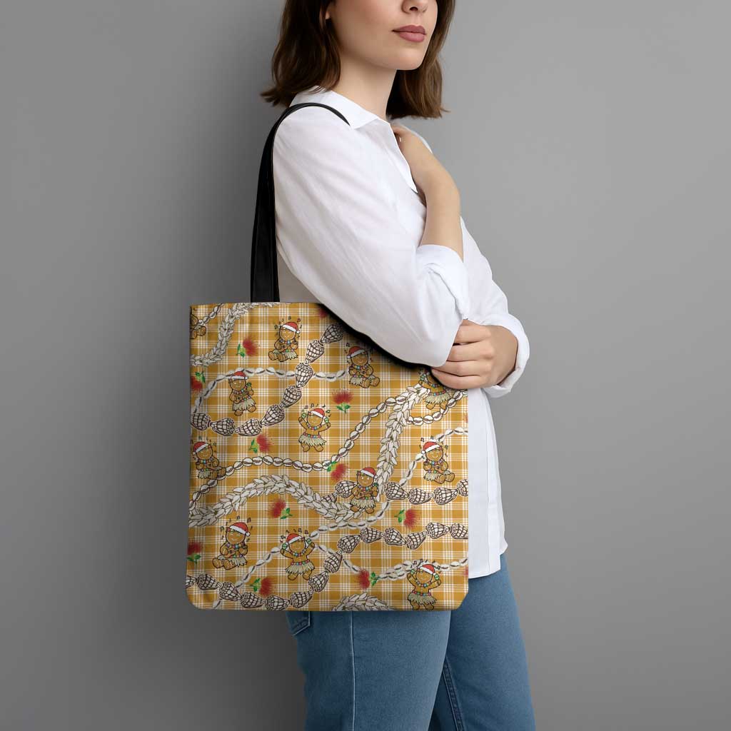 Gold Palaka Hawaii Mele Kalikimaka Tote Bag Ohia Lehua Shell Leis Funny Gingerbread Santa LT14 - Polynesian Pride