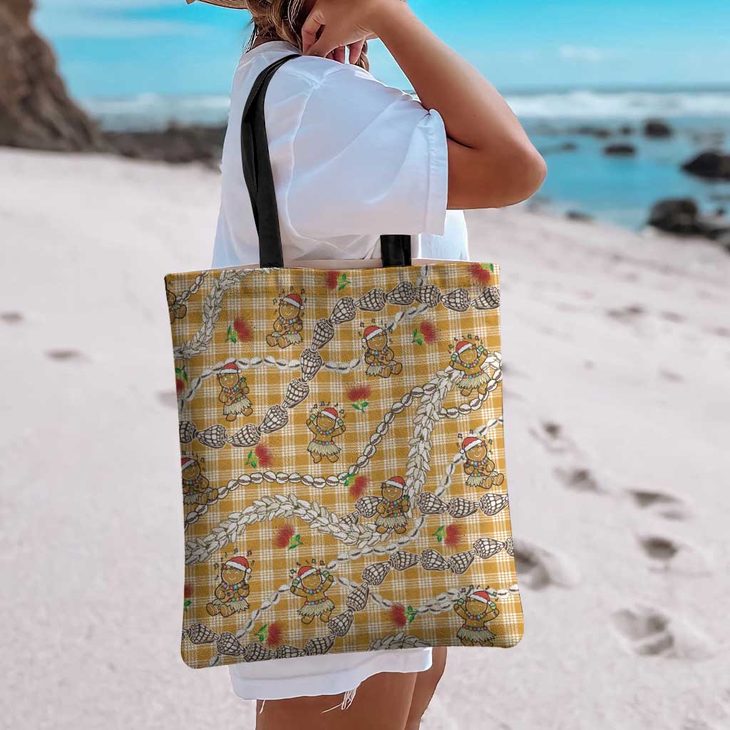 Gold Palaka Hawaii Mele Kalikimaka Tote Bag Ohia Lehua Shell Leis Funny Gingerbread Santa LT14 - Polynesian Pride