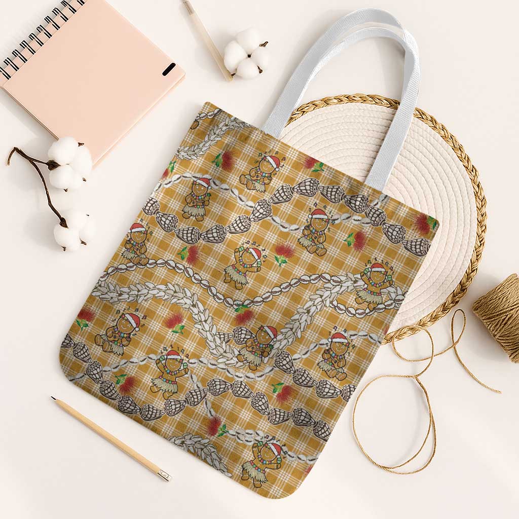Gold Palaka Hawaii Mele Kalikimaka Tote Bag Ohia Lehua Shell Leis Funny Gingerbread Santa LT14 White Strap One Size Gold - Polynesian Pride