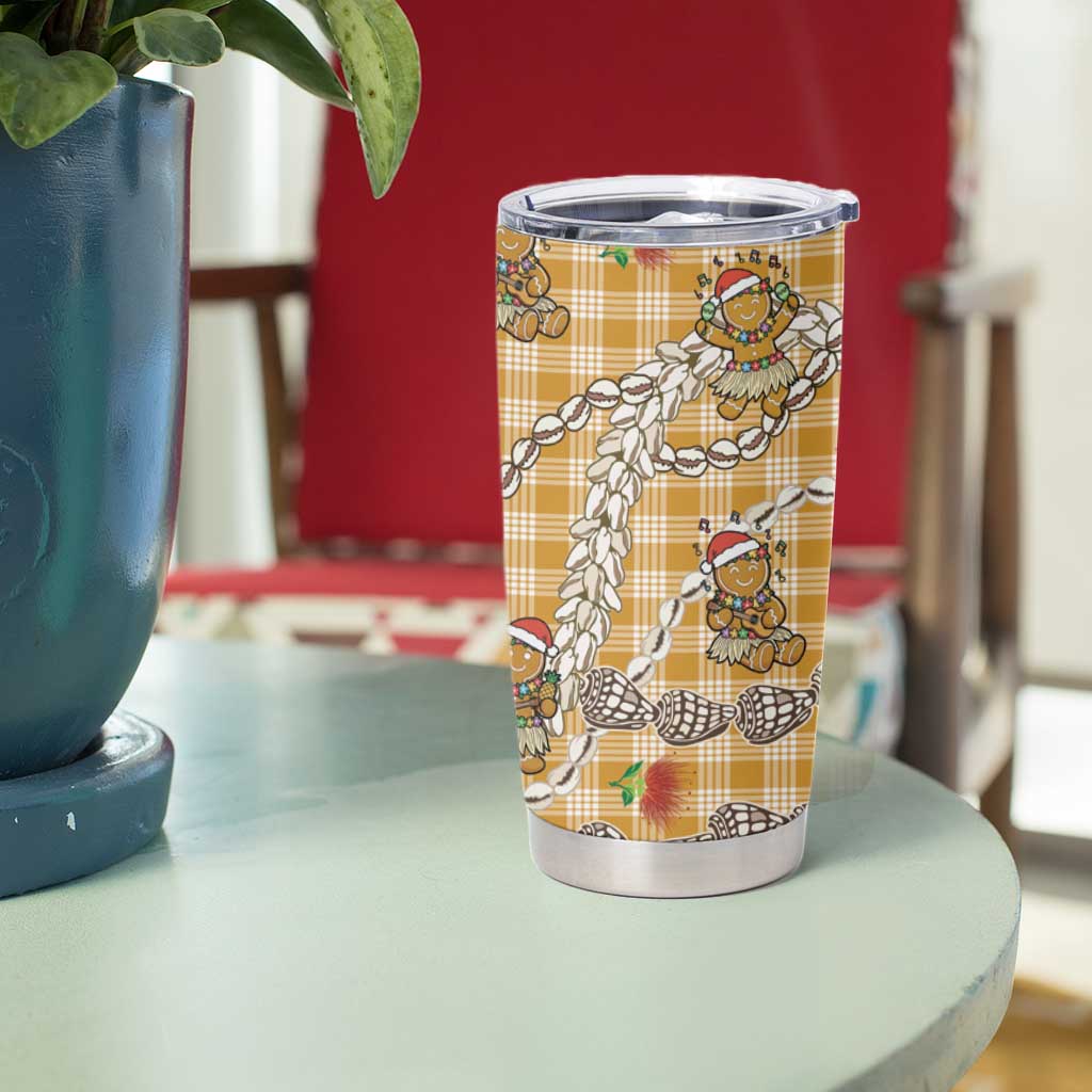 Gold Palaka Hawaii Mele Kalikimaka Tumbler Cup Ohia Lehua Shell Leis Funny Gingerbread Santa LT14 - Polynesian Pride