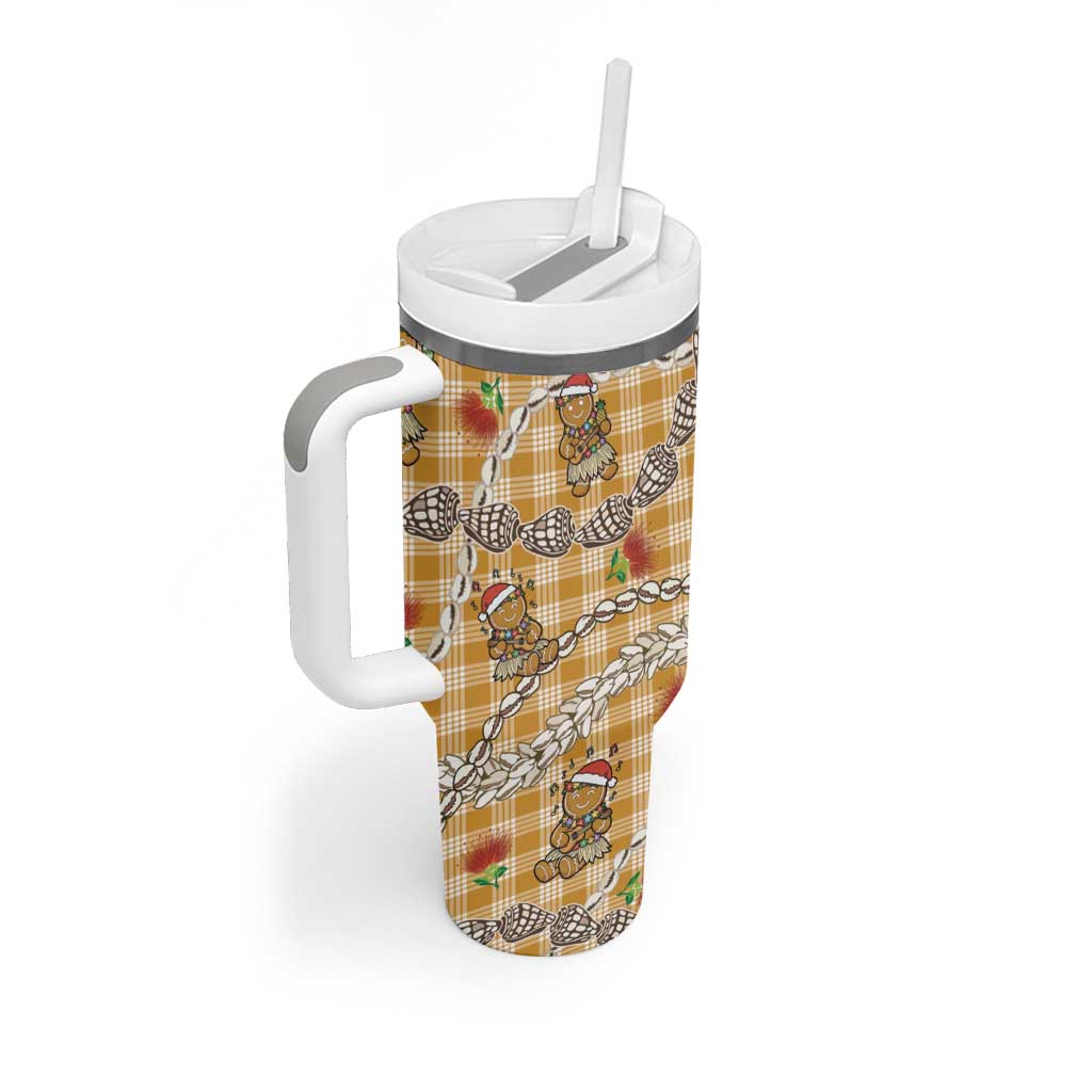 Gold Palaka Hawaii Mele Kalikimaka Tumbler With Handle Ohia Lehua Shell Leis Funny Gingerbread Santa LT14 - Polynesian Pride