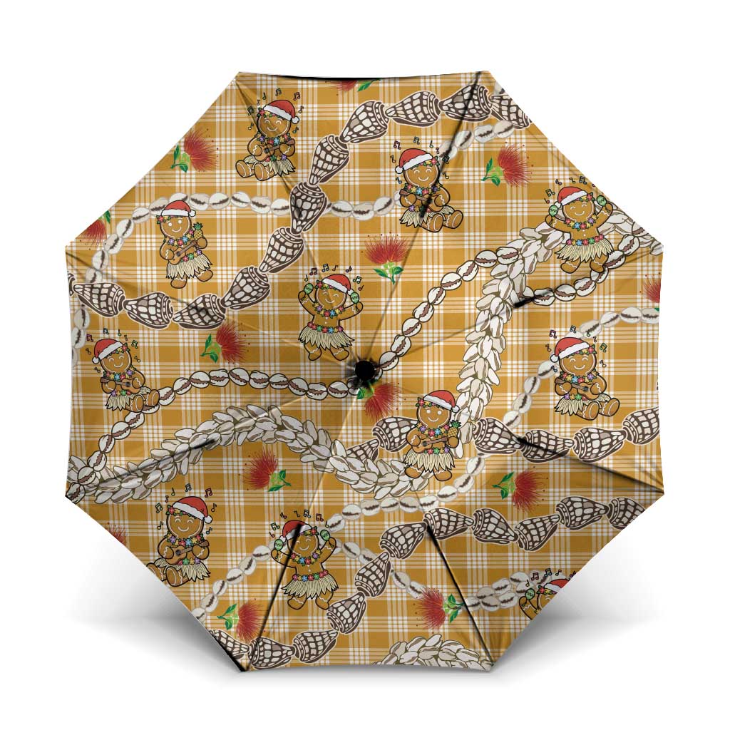 Gold Palaka Hawaii Mele Kalikimaka Umbrella Ohia Lehua Shell Leis Funny Gingerbread Santa - Polynesian Pride