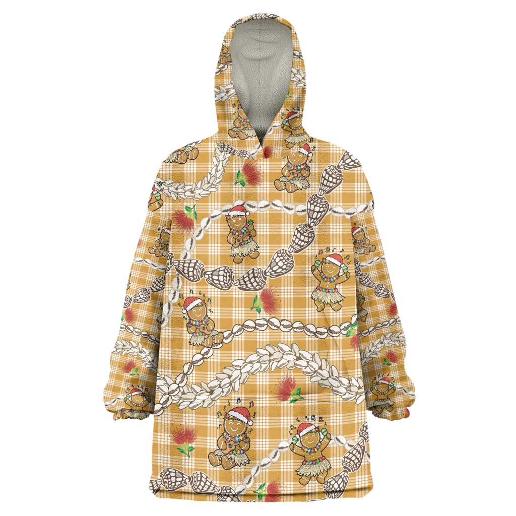 Gold Palaka Hawaii Mele Kalikimaka Wearable Blanket Hoodie Ohia Lehua Shell Leis Funny Gingerbread Santa LT14 One Size Gold - Polynesian Pride
