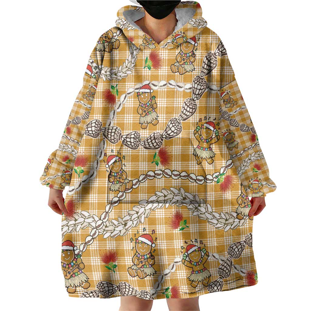 Gold Palaka Hawaii Mele Kalikimaka Wearable Blanket Hoodie Ohia Lehua Shell Leis Funny Gingerbread Santa LT14 - Polynesian Pride