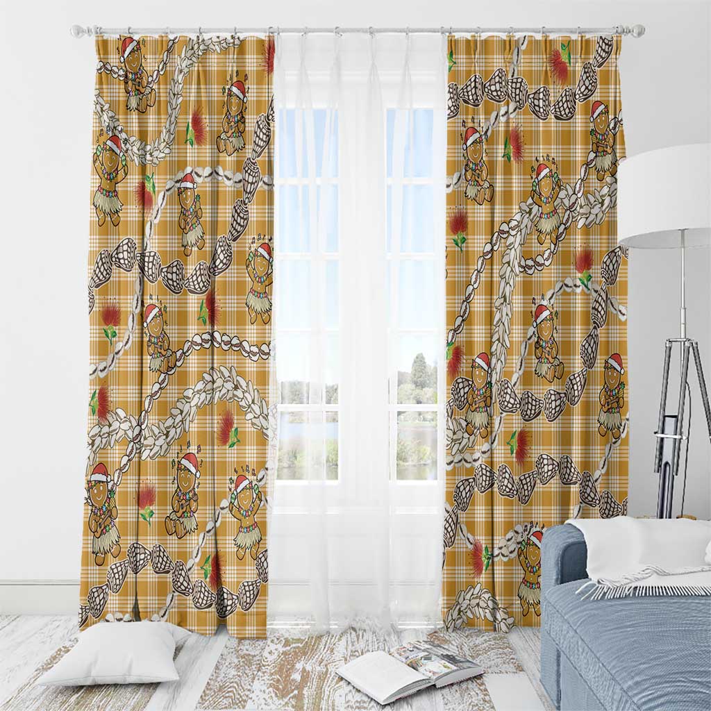 Gold Palaka Hawaii Mele Kalikimaka Window Curtain Ohia Lehua Shell Leis Funny Gingerbread Santa - Polynesian Pride