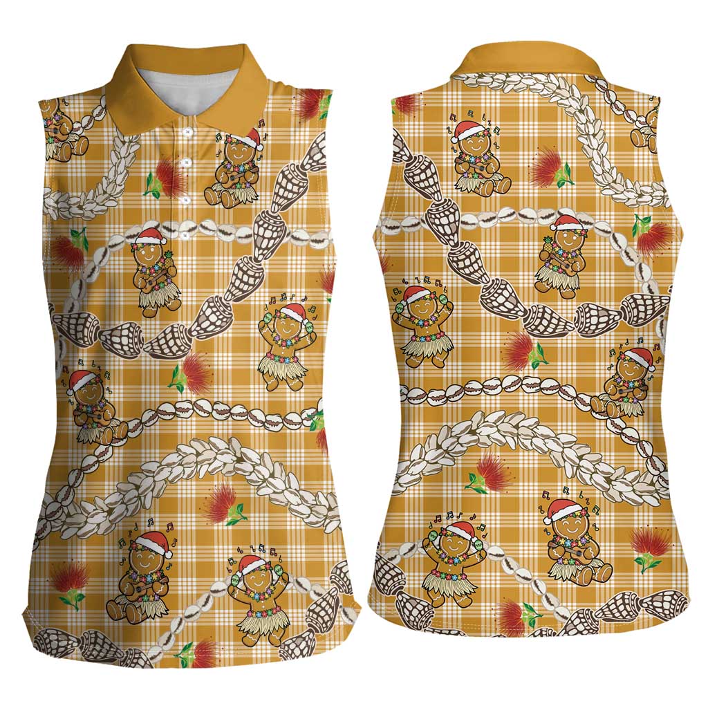 Gold Palaka Hawaii Mele Kalikimaka Women Sleeveless Polo Shirt Ohia Lehua Shell Leis Funny Gingerbread Santa LT14 - Polynesian Pride