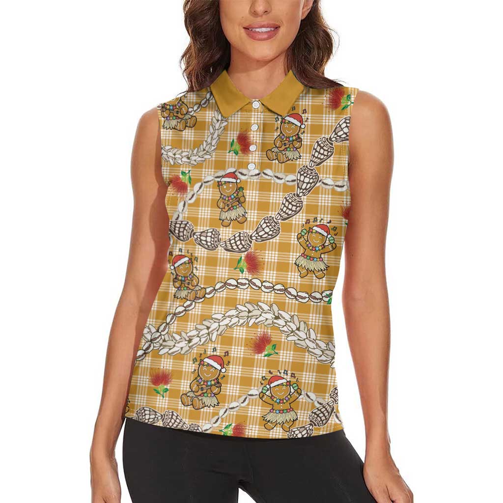 Gold Palaka Hawaii Mele Kalikimaka Women Sleeveless Polo Shirt Ohia Lehua Shell Leis Funny Gingerbread Santa LT14 - Polynesian Pride