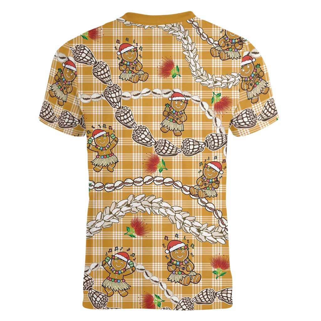 Gold Palaka Hawaii Mele Kalikimaka Women V-Neck T-Shirt Ohia Lehua Shell Leis Funny Gingerbread Santa LT14 - Polynesian Pride