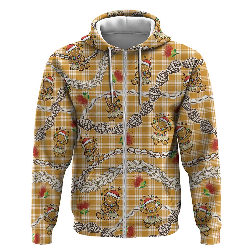 Gold Palaka Hawaii Mele Kalikimaka Zip Hoodie Ohia Lehua Shell Leis Funny Gingerbread Santa LT14 Zip Hoodie Gold - Polynesian Pride
