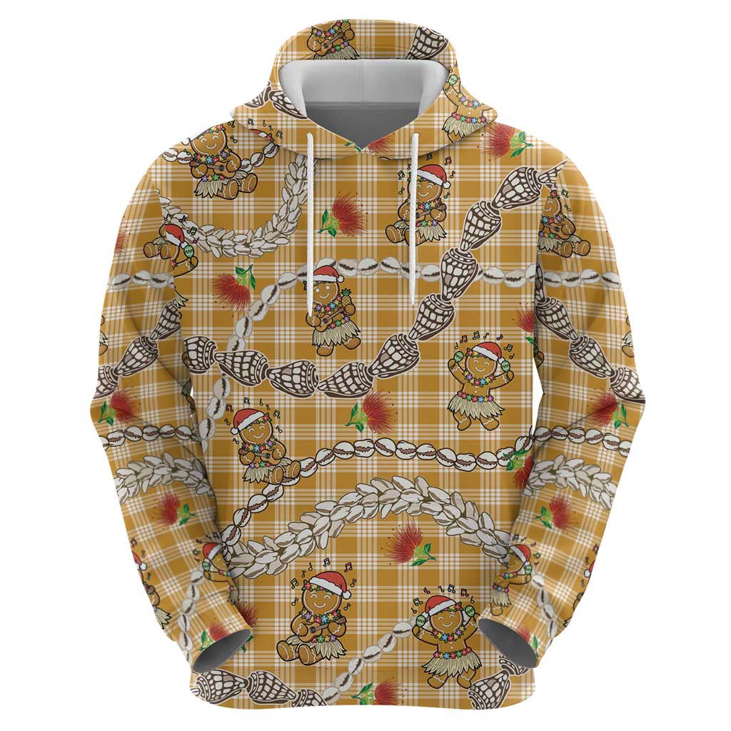 Gold Palaka Hawaii Mele Kalikimaka Zip Hoodie Ohia Lehua Shell Leis Funny Gingerbread Santa LT14 - Polynesian Pride