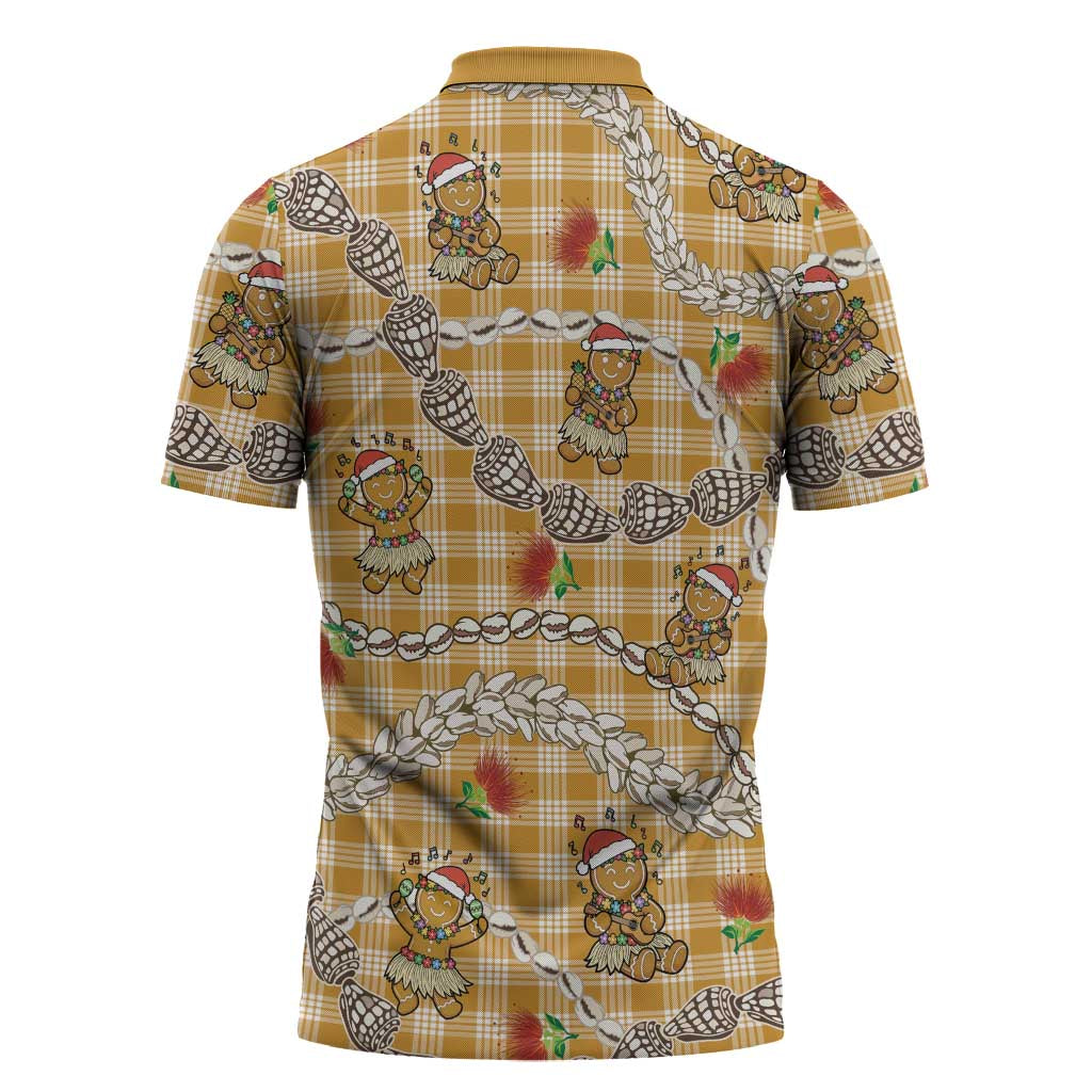 Gold Palaka Hawaii Mele Kalikimaka Zipper Polo Shirt Ohia Lehua Shell Leis Funny Gingerbread Santa LT14 - Polynesian Pride