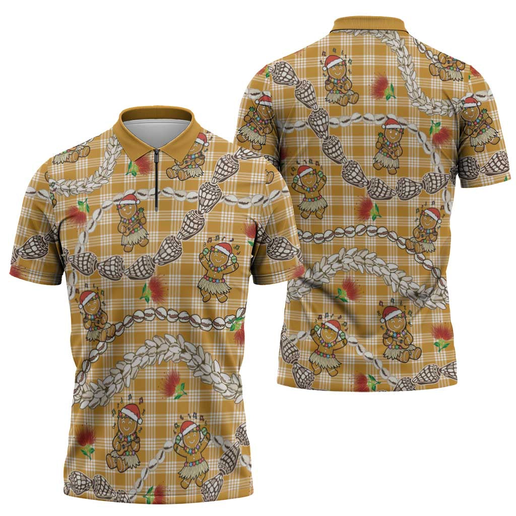 Gold Palaka Hawaii Mele Kalikimaka Zipper Polo Shirt Ohia Lehua Shell Leis Funny Gingerbread Santa LT14 - Polynesian Pride