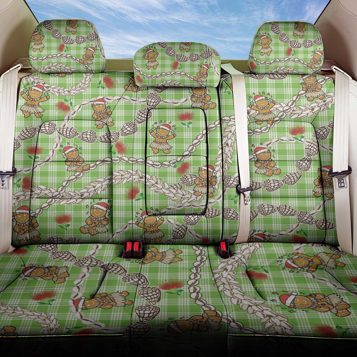 Green Palaka Hawaii Mele Kalikimaka Back Car Seat Cover Ohia Lehua Shell Leis Funny Gingerbread Santa LT14 One Size Green - Polynesian Pride