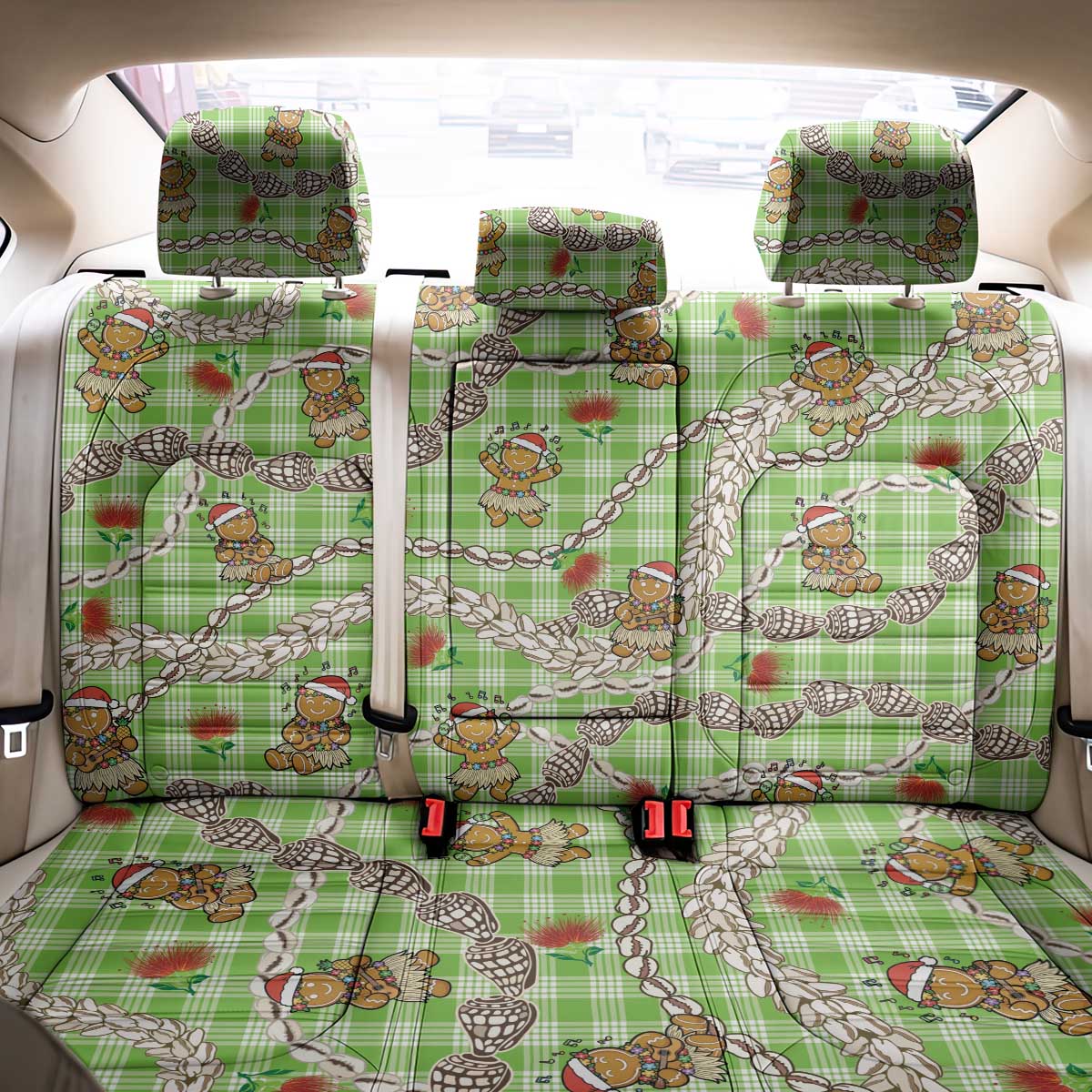 Green Palaka Hawaii Mele Kalikimaka Back Car Seat Cover Ohia Lehua Shell Leis Funny Gingerbread Santa LT14 - Polynesian Pride