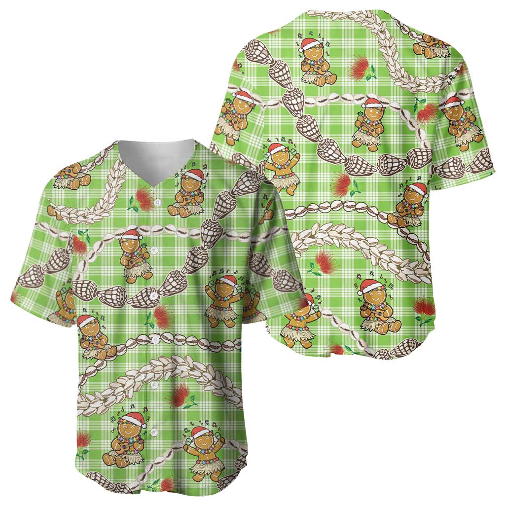 Green Palaka Hawaii Mele Kalikimaka Baseball Jersey Ohia Lehua Shell Leis Funny Gingerbread Santa - Polynesian Pride