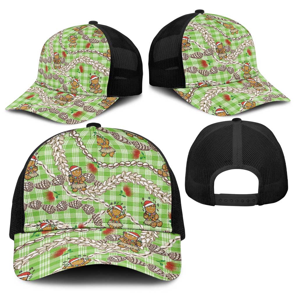 Green Palaka Hawaii Mele Kalikimaka Baseball Net Cap Ohia Lehua Shell Leis Funny Gingerbread Santa LT14 - Polynesian Pride