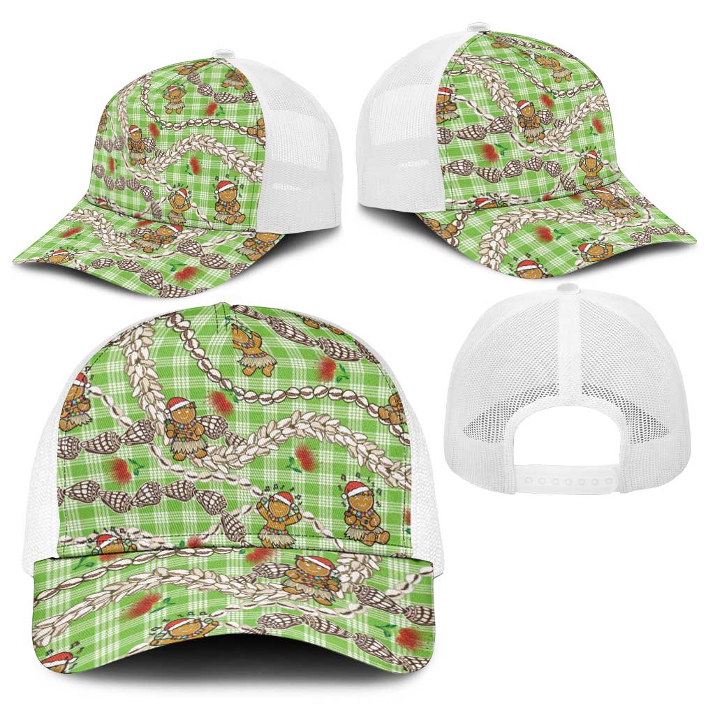 Green Palaka Hawaii Mele Kalikimaka Baseball Net Cap Ohia Lehua Shell Leis Funny Gingerbread Santa LT14 - Polynesian Pride