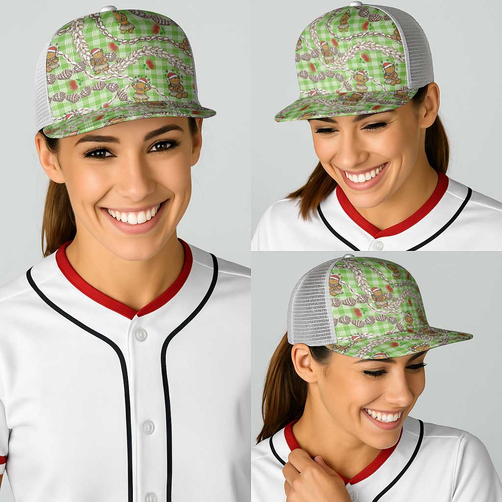 Green Palaka Hawaii Mele Kalikimaka Baseball Net Cap Ohia Lehua Shell Leis Funny Gingerbread Santa LT14 - Polynesian Pride