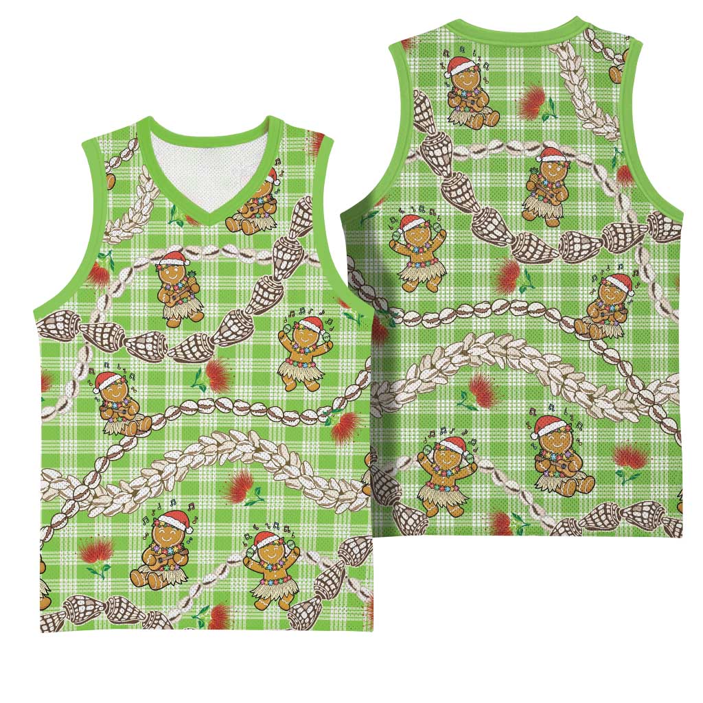 Green Palaka Hawaii Mele Kalikimaka Basketball Jersey Ohia Lehua Shell Leis Funny Gingerbread Santa LT14 - Polynesian Pride