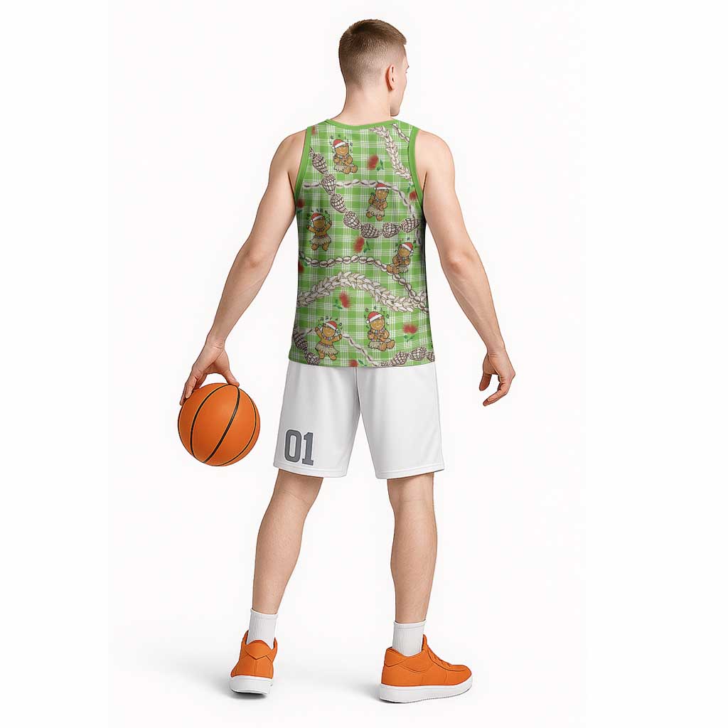 Green Palaka Hawaii Mele Kalikimaka Basketball Jersey Ohia Lehua Shell Leis Funny Gingerbread Santa LT14 - Polynesian Pride